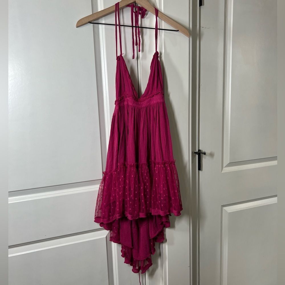 R.vivimos raspberry red pink dress lace backless women’s size medium O425